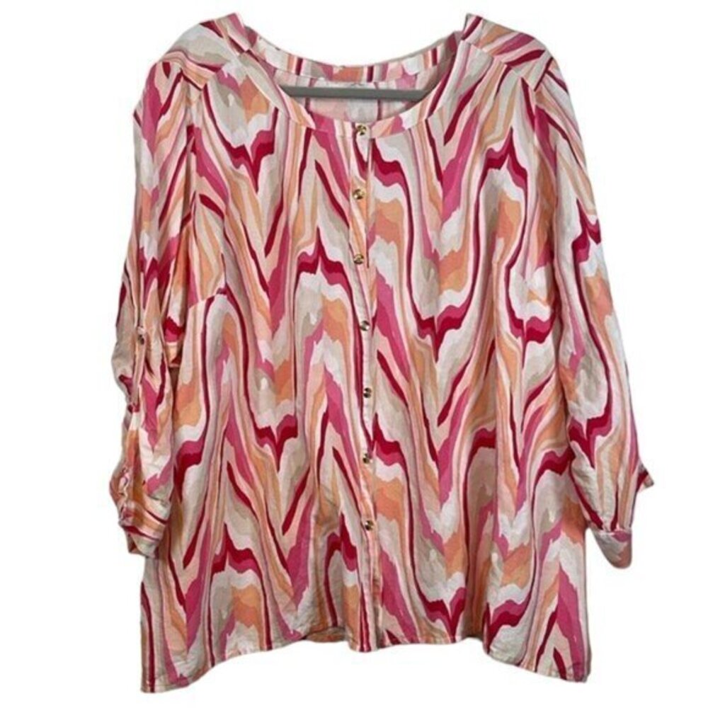 Plus Size JM Collection Linen Blend Pink White Fold Up Blouse Size 2XL GUC #0419